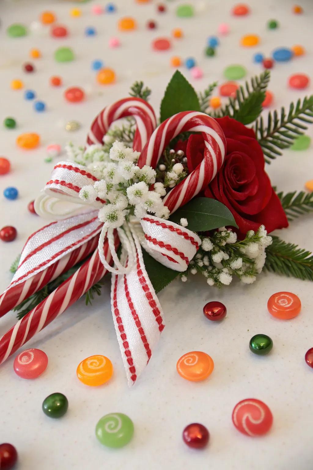 A playful Christmas corsage with striped stick-inspired textiles.