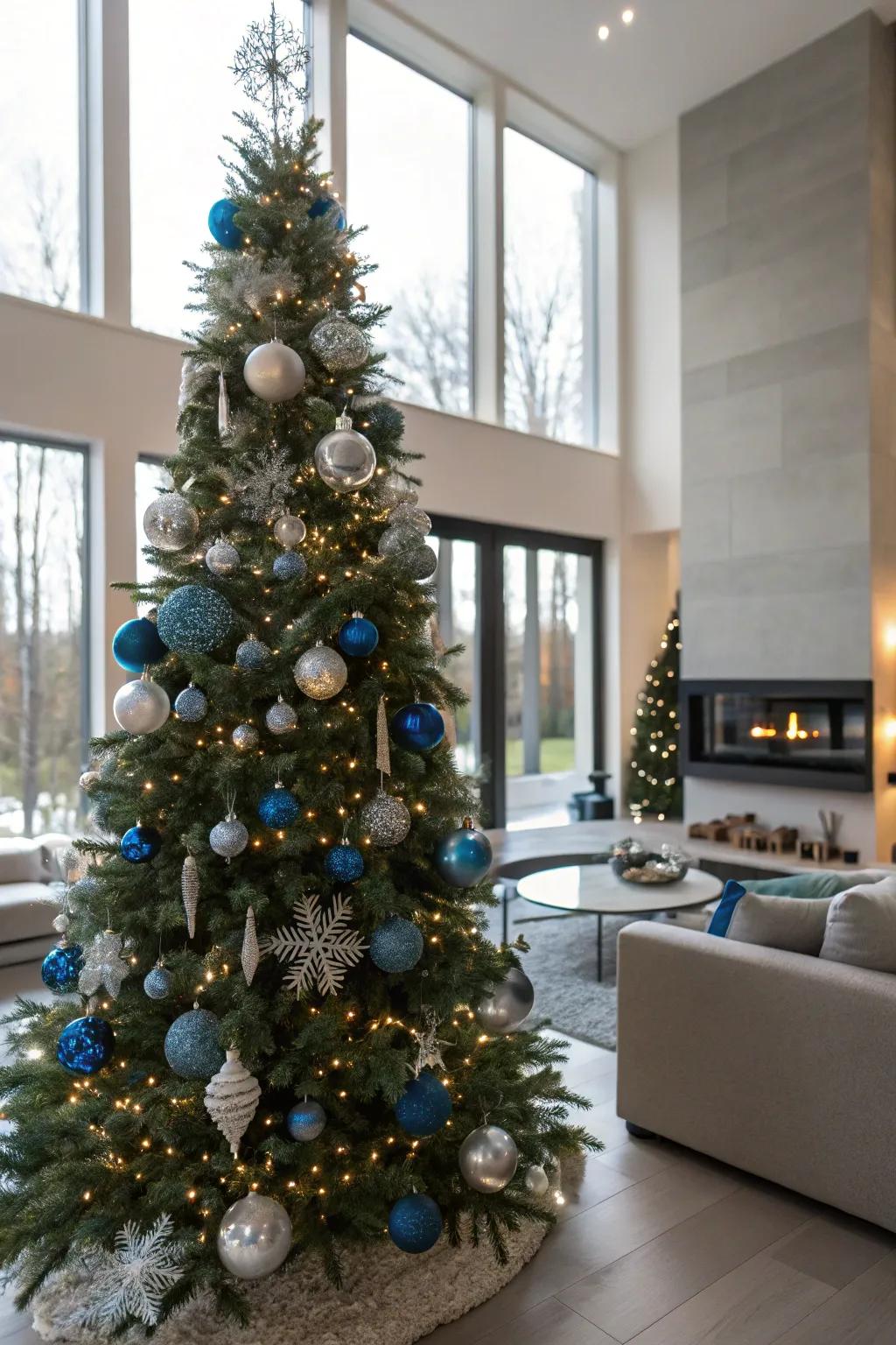 A contemporary rendition of Christmas featuring a sapphire and argent motif.