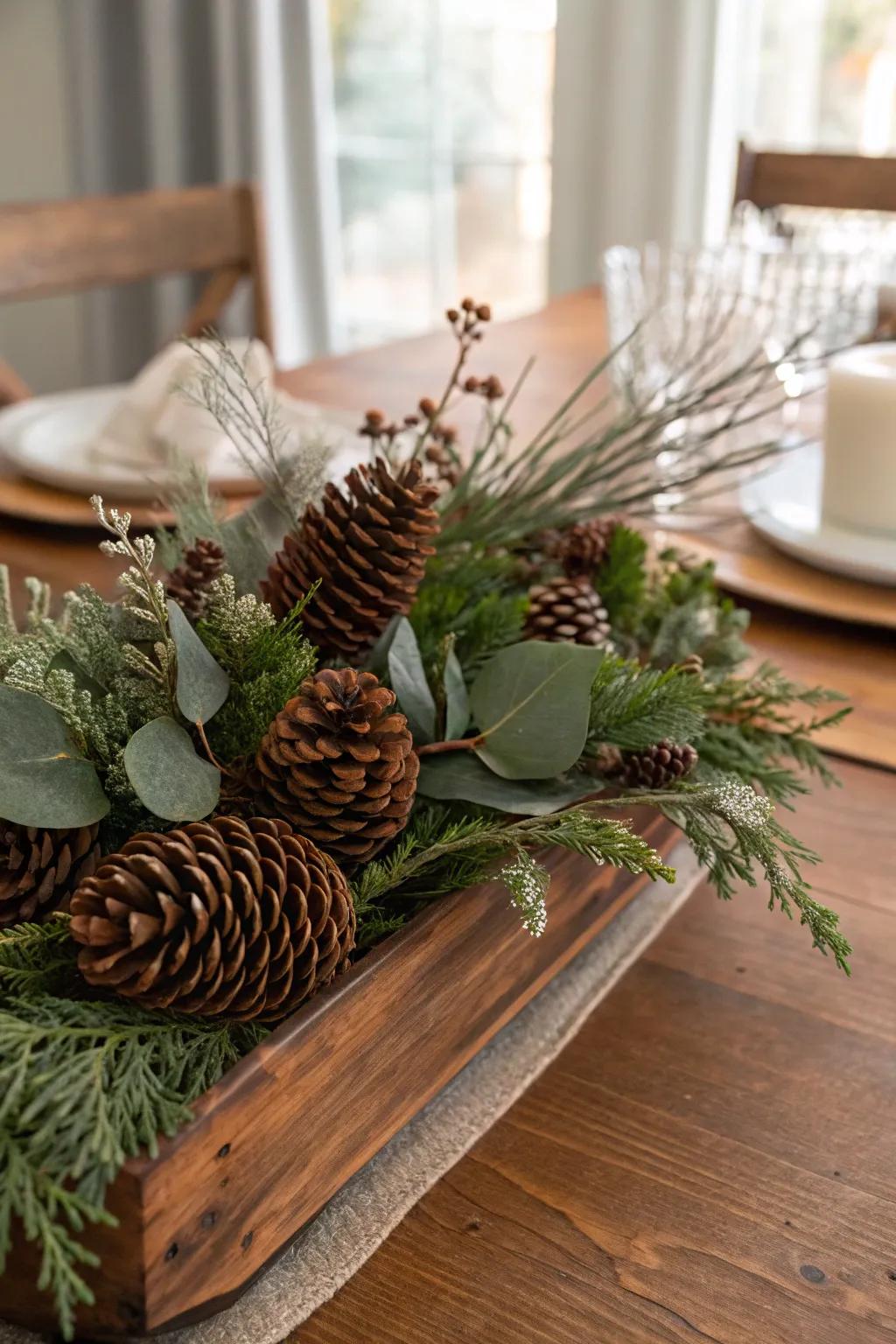'Woodland cones' and branches create a rustic, natural elegance.
