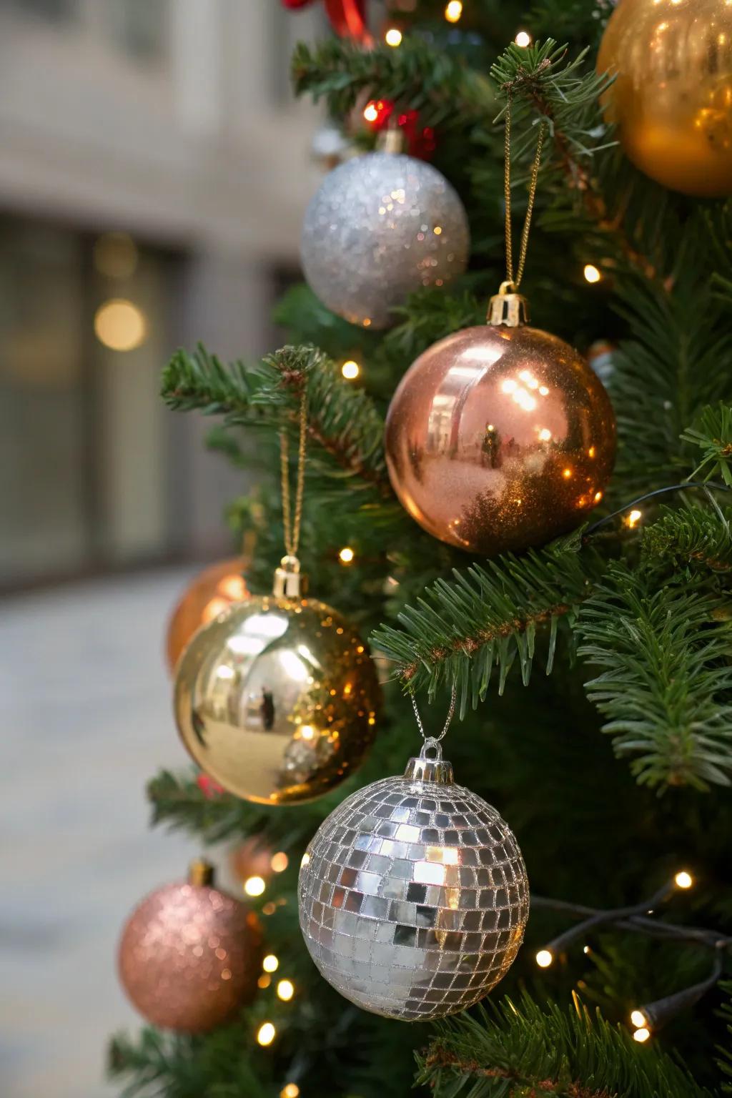Gold, silver, and copper metallic ornaments displayed on a tree.