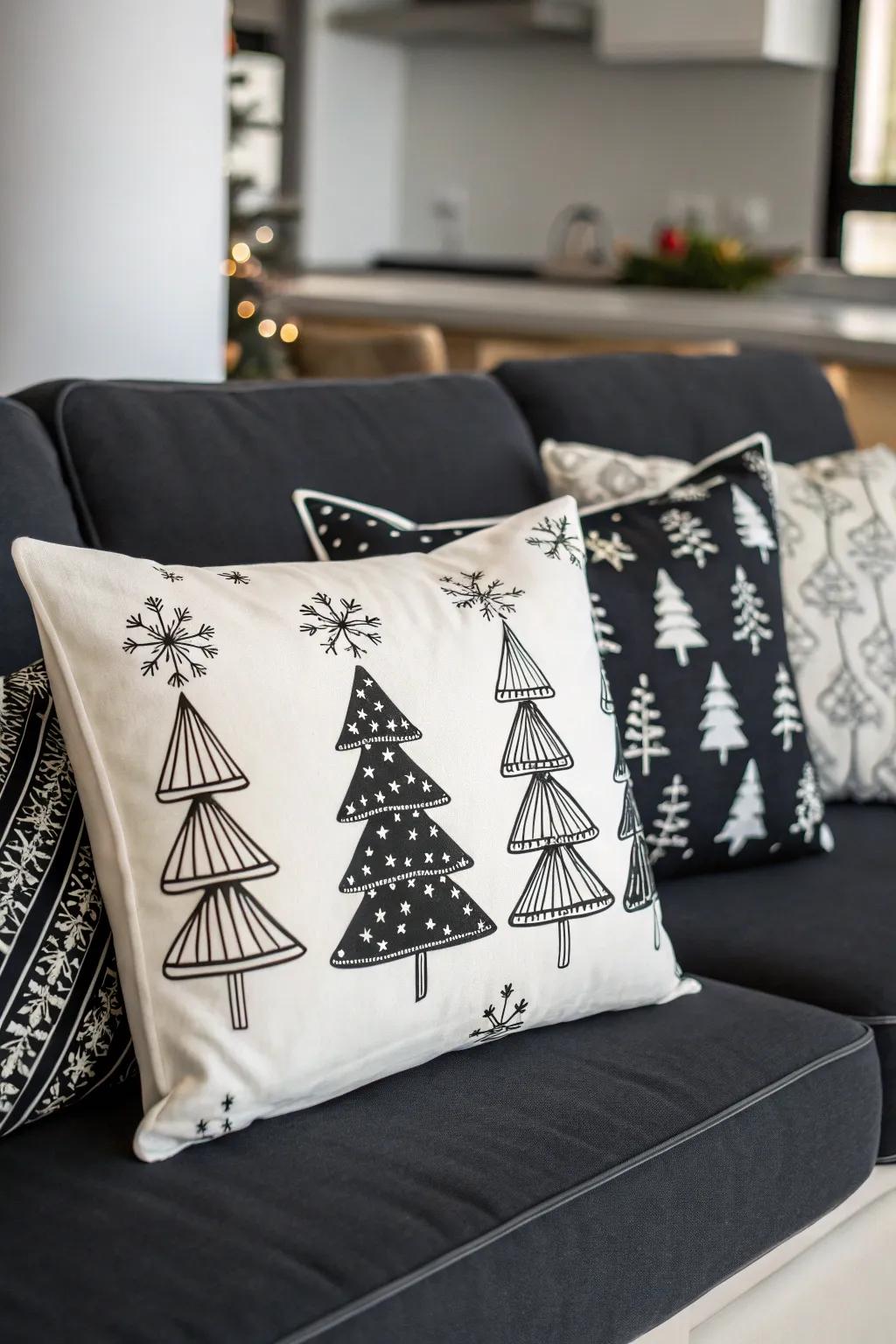 Sleek black and white pillows create a modern festive appearance.