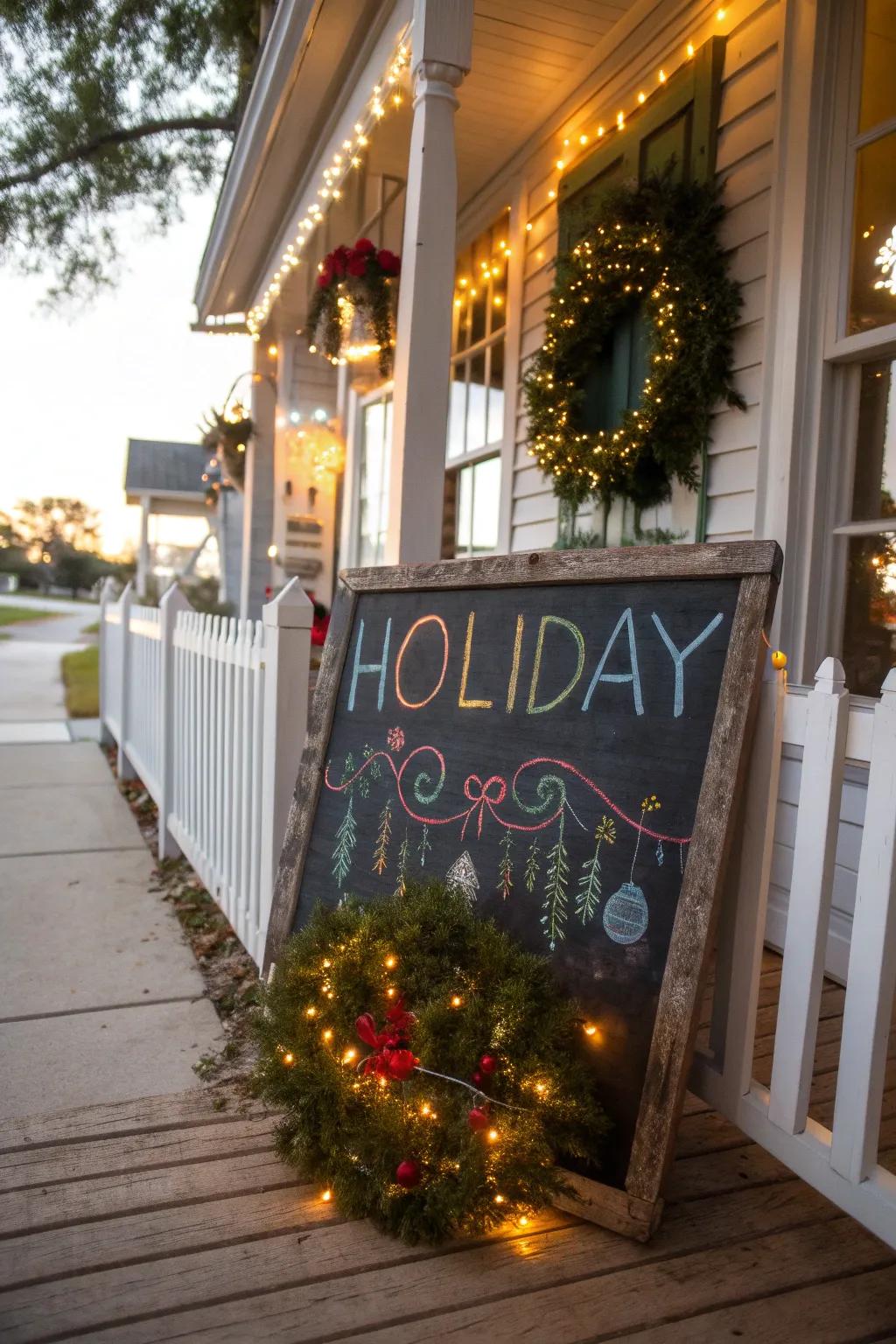 A chalkboard marker board presents a warm holiday welcome.
