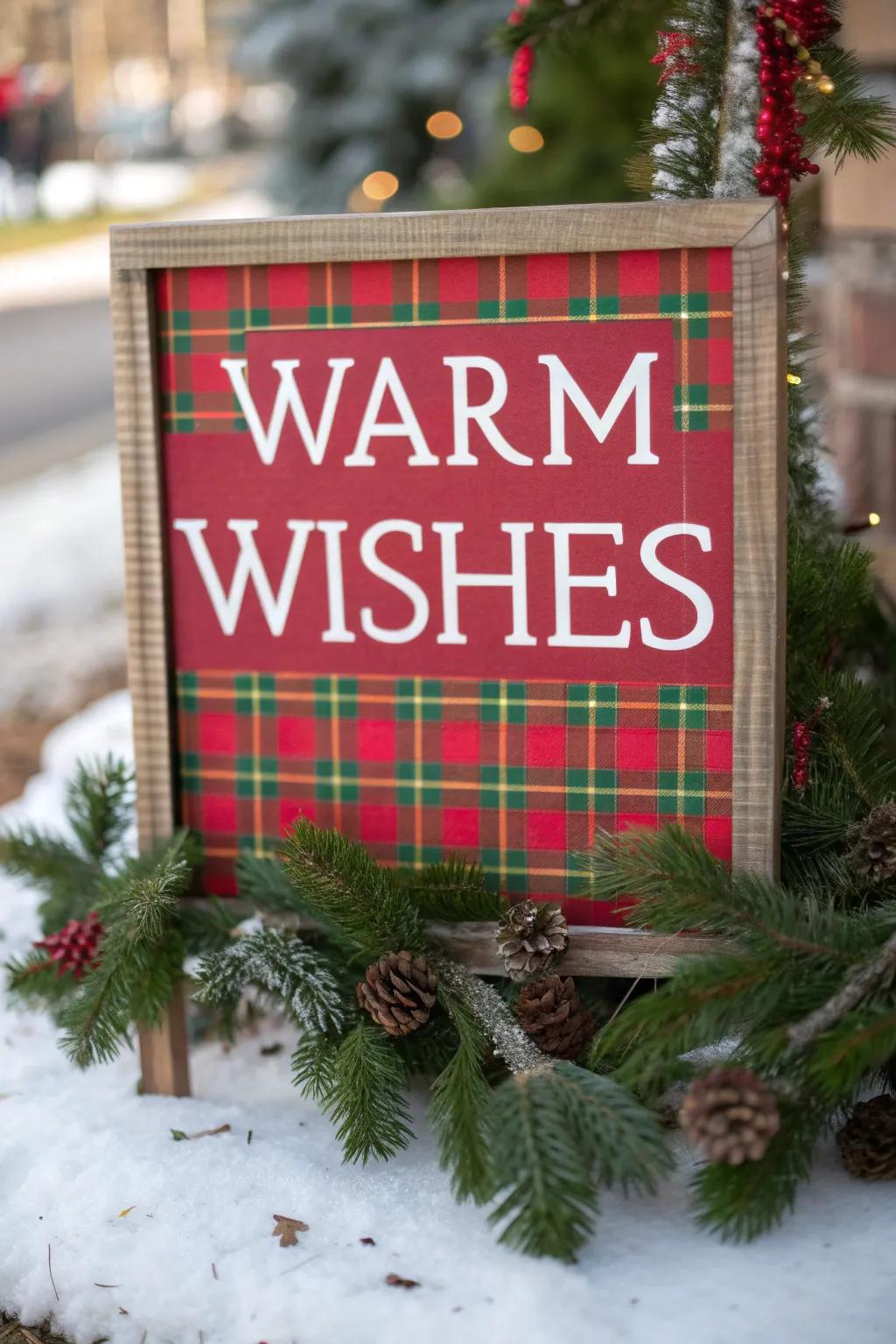 Evoke warmth with a plaid-patterned Christmas placard.