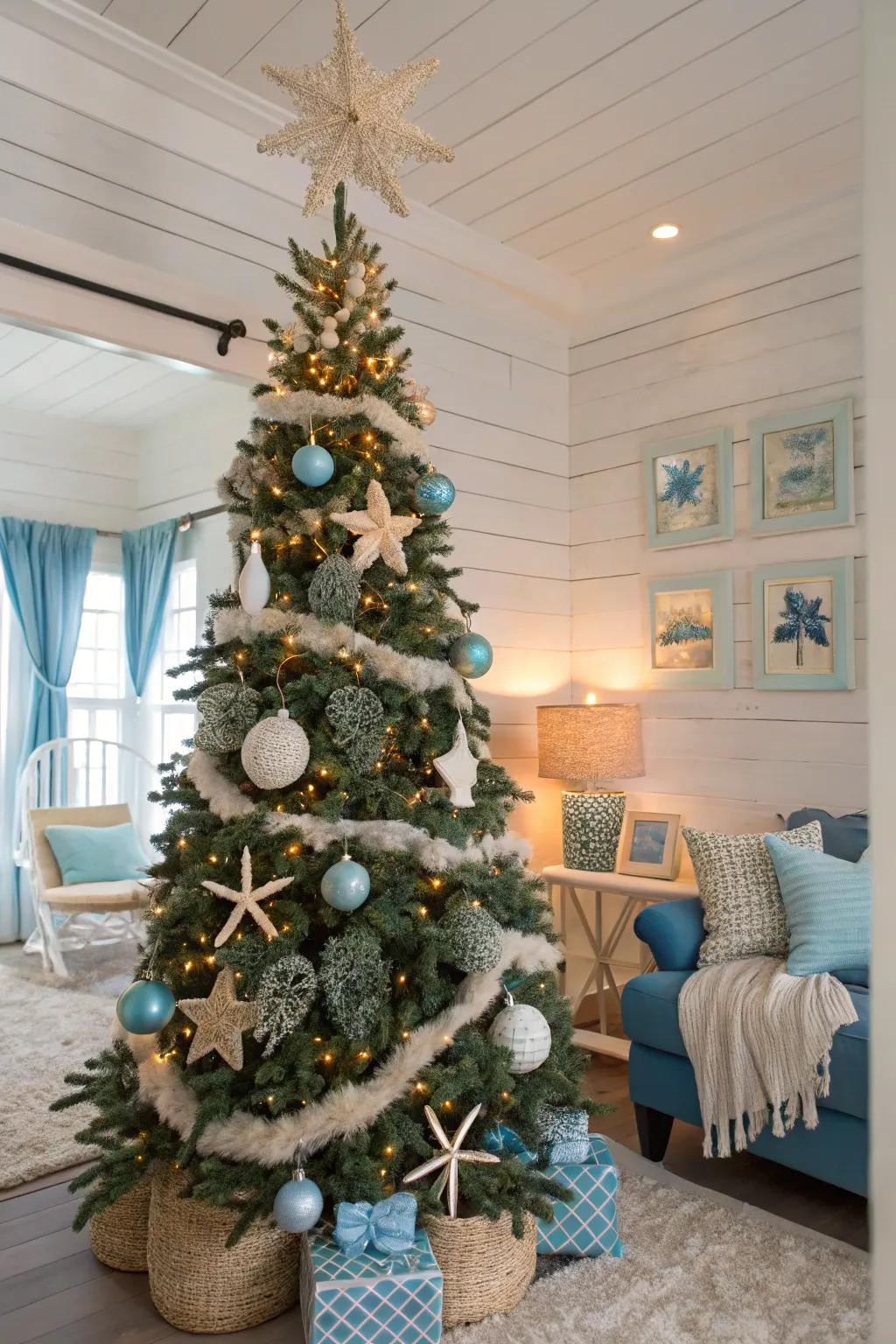 Transfer the ocean into your living area with an underwater-themed Christmas tree.