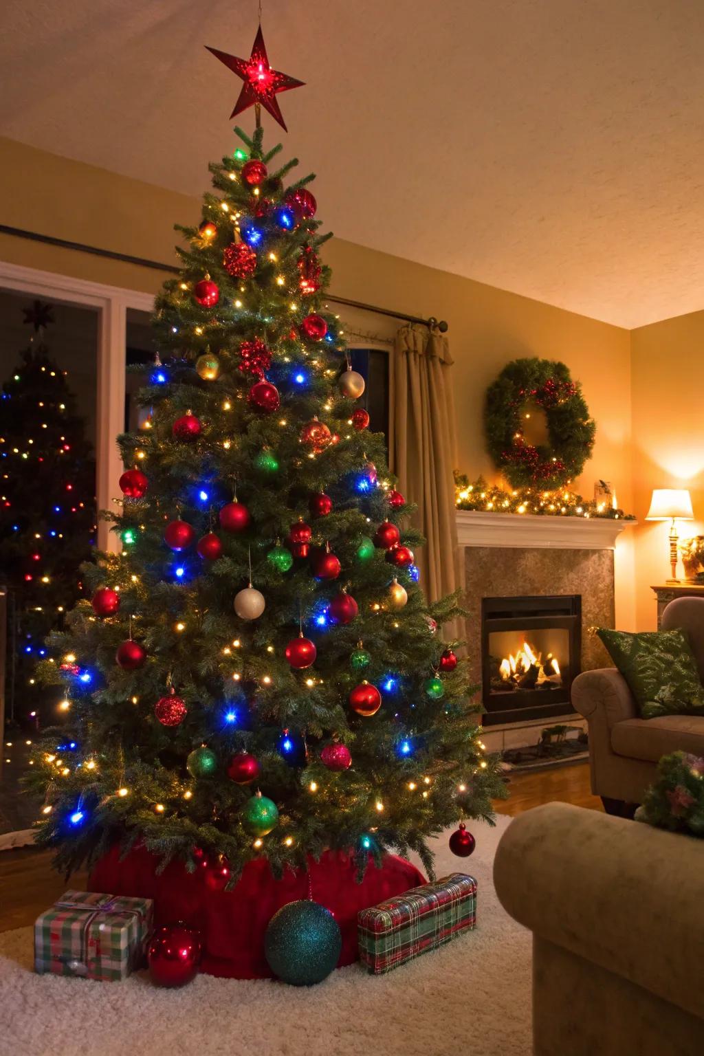 A vibrant Christmas tree showcasing audacious-tinted decors and vibrant lights, crafting a lively celebration scene.