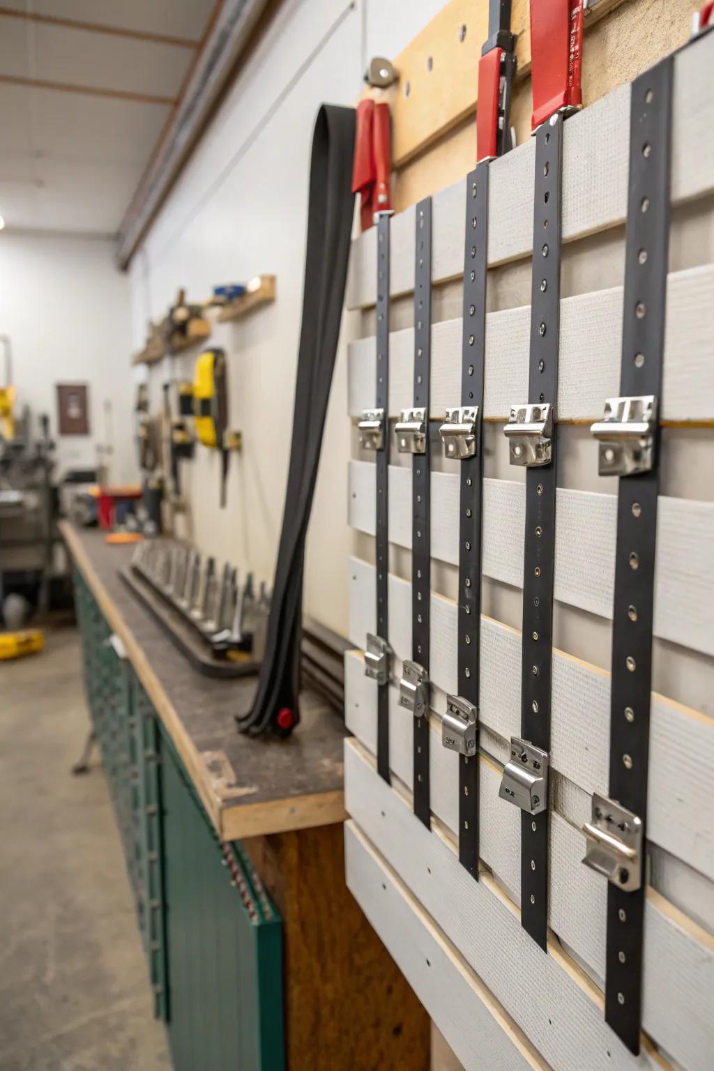 Magnetic strips offer a minimalist solution for clamp storage.