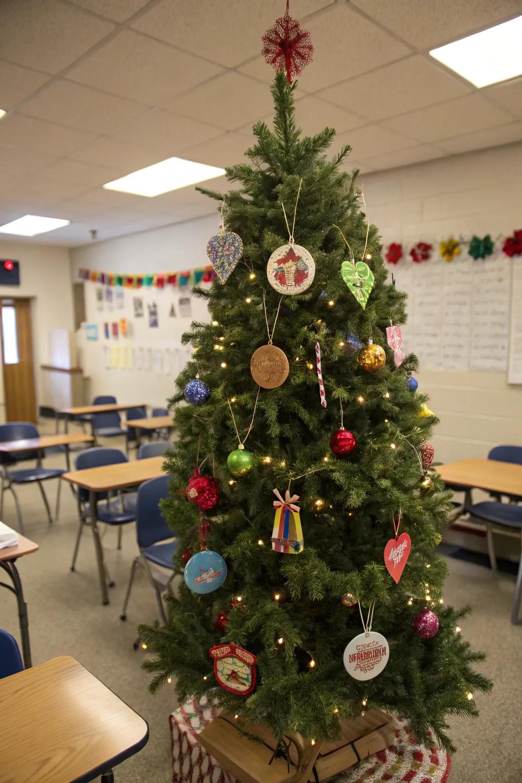 Christmas tree embellished with pupil-crafted ornaments