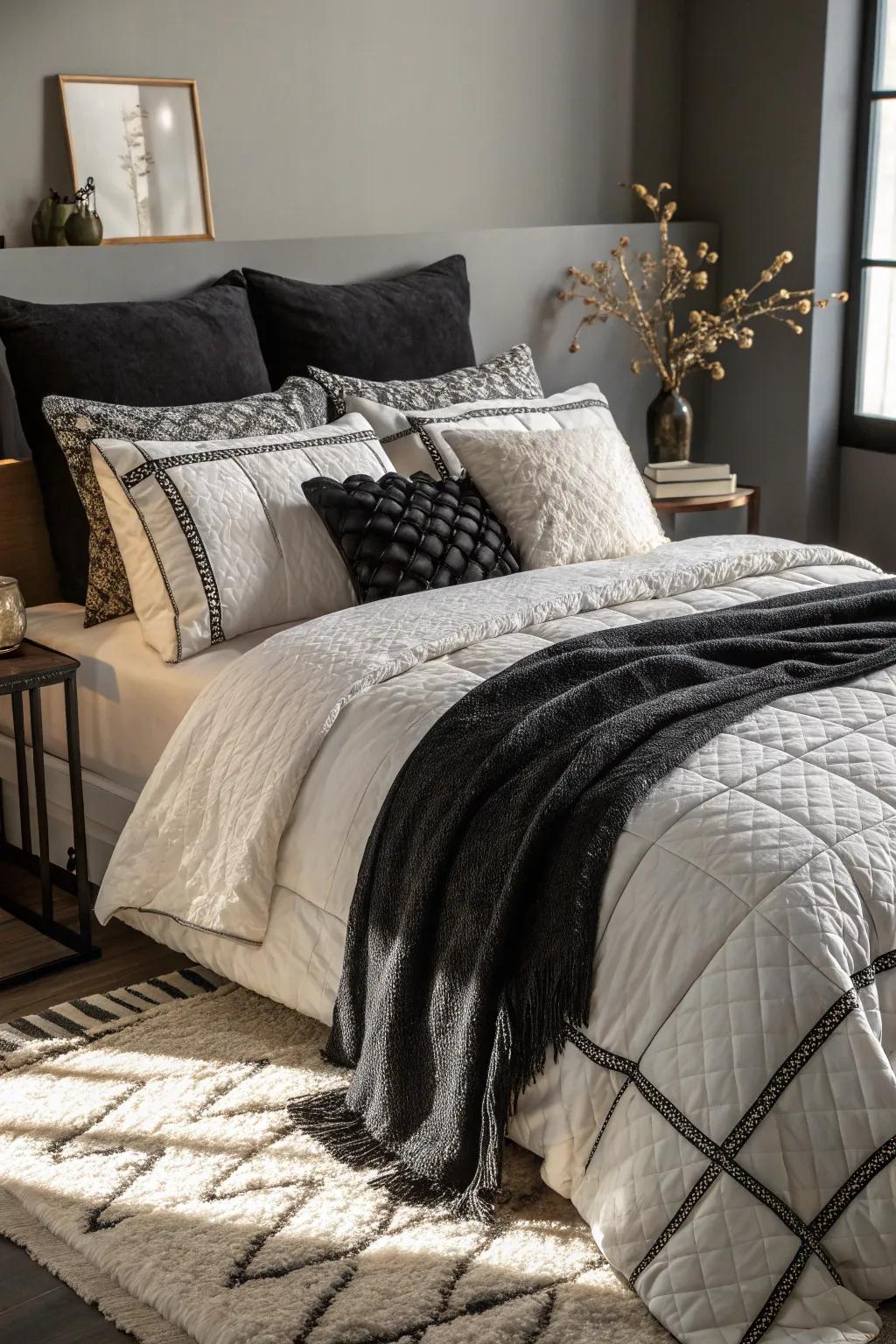 Layered bedding presents a welcoming and cozy aesthetic.