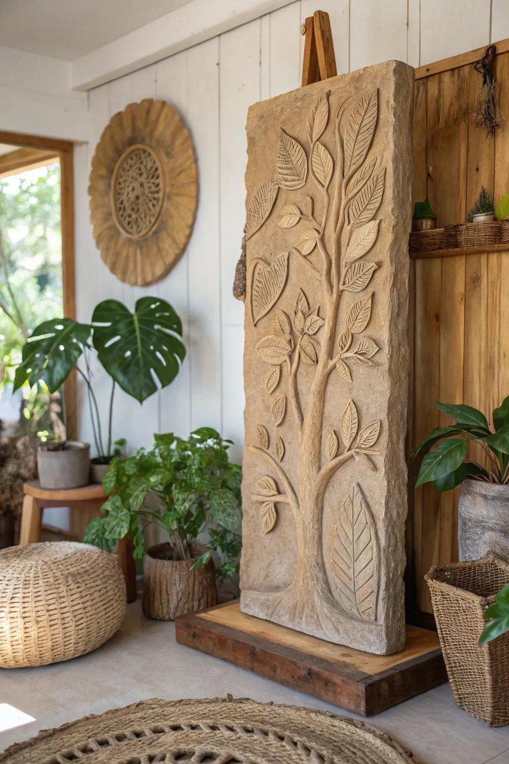 Nature-inspired clay relief sculpture, bringing organic textures into your home.