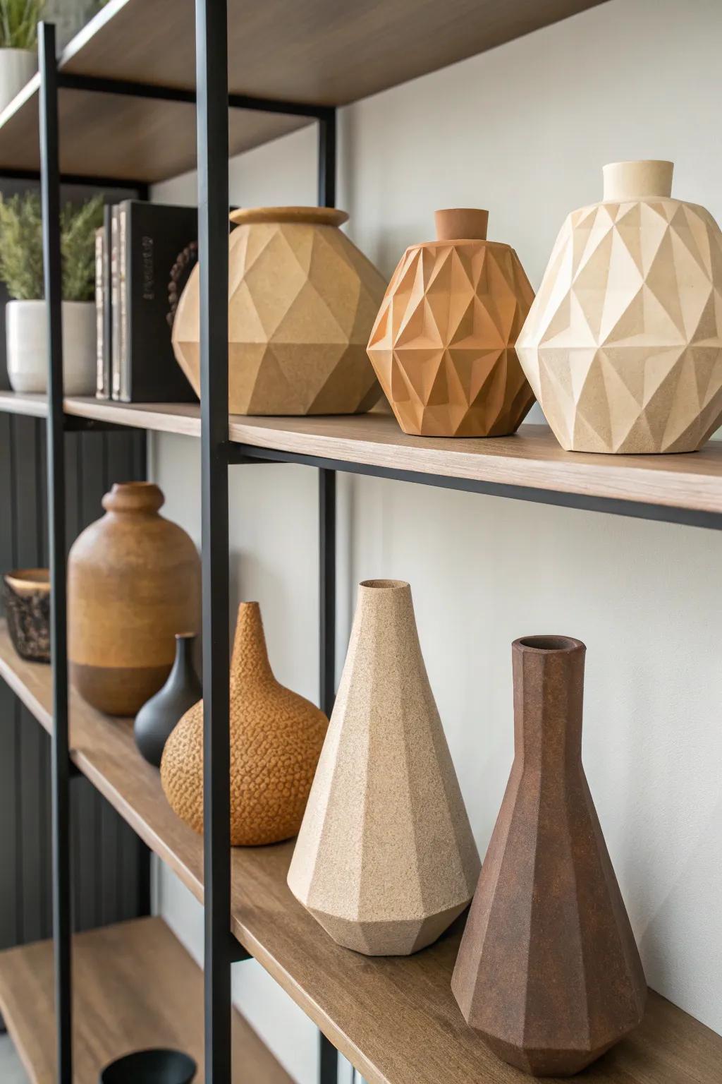 Symmetrical-shaped earthenware containers offering a modern appeal to a contemporary area.