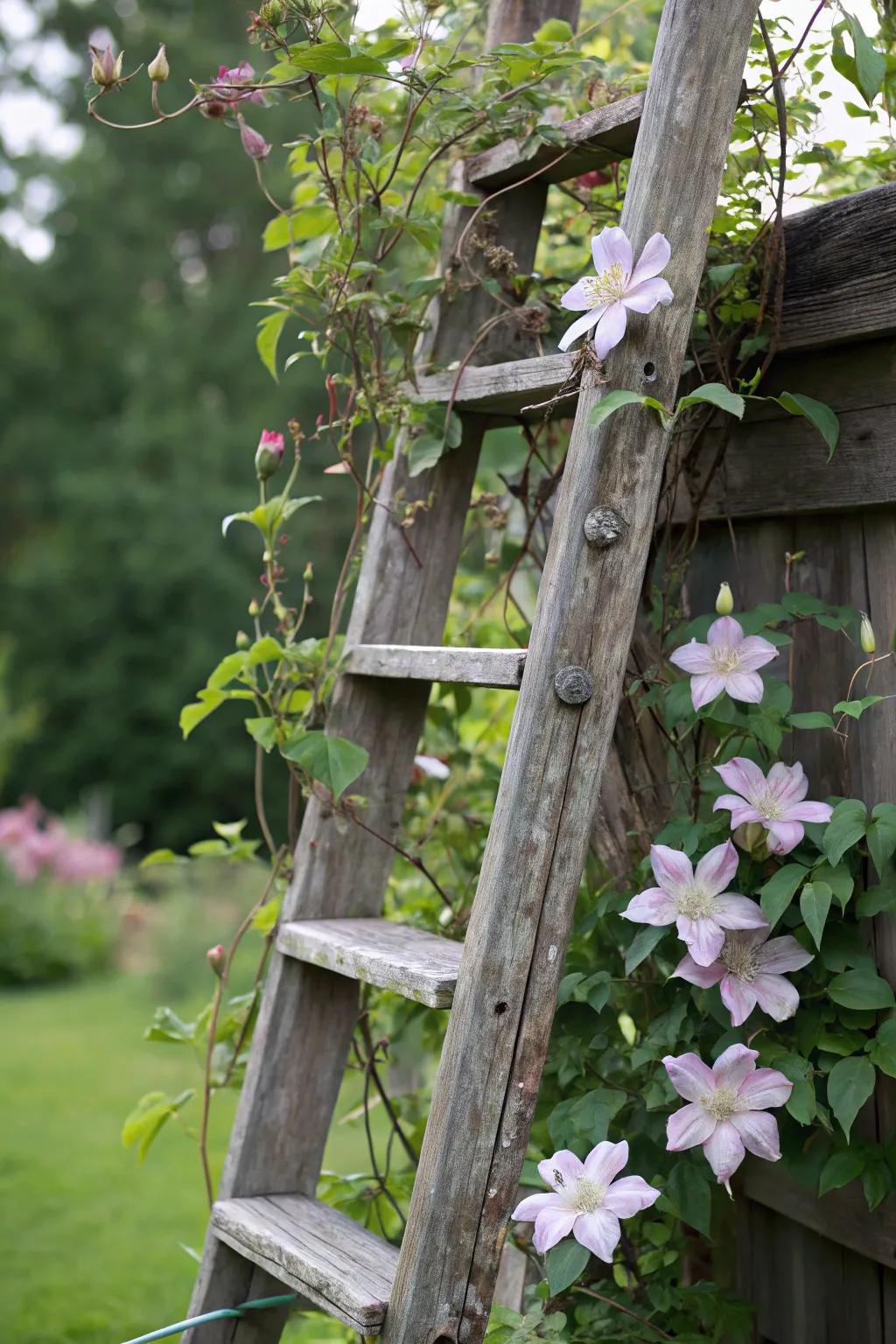 An upcycled ladder serves as a charming trellis supporting clematis.