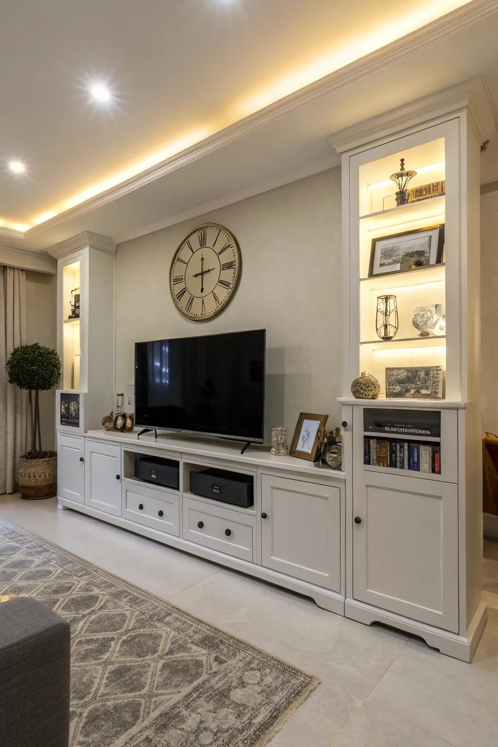 Integrated storage keeps electronics hidden while maintaining a clean aesthetic.