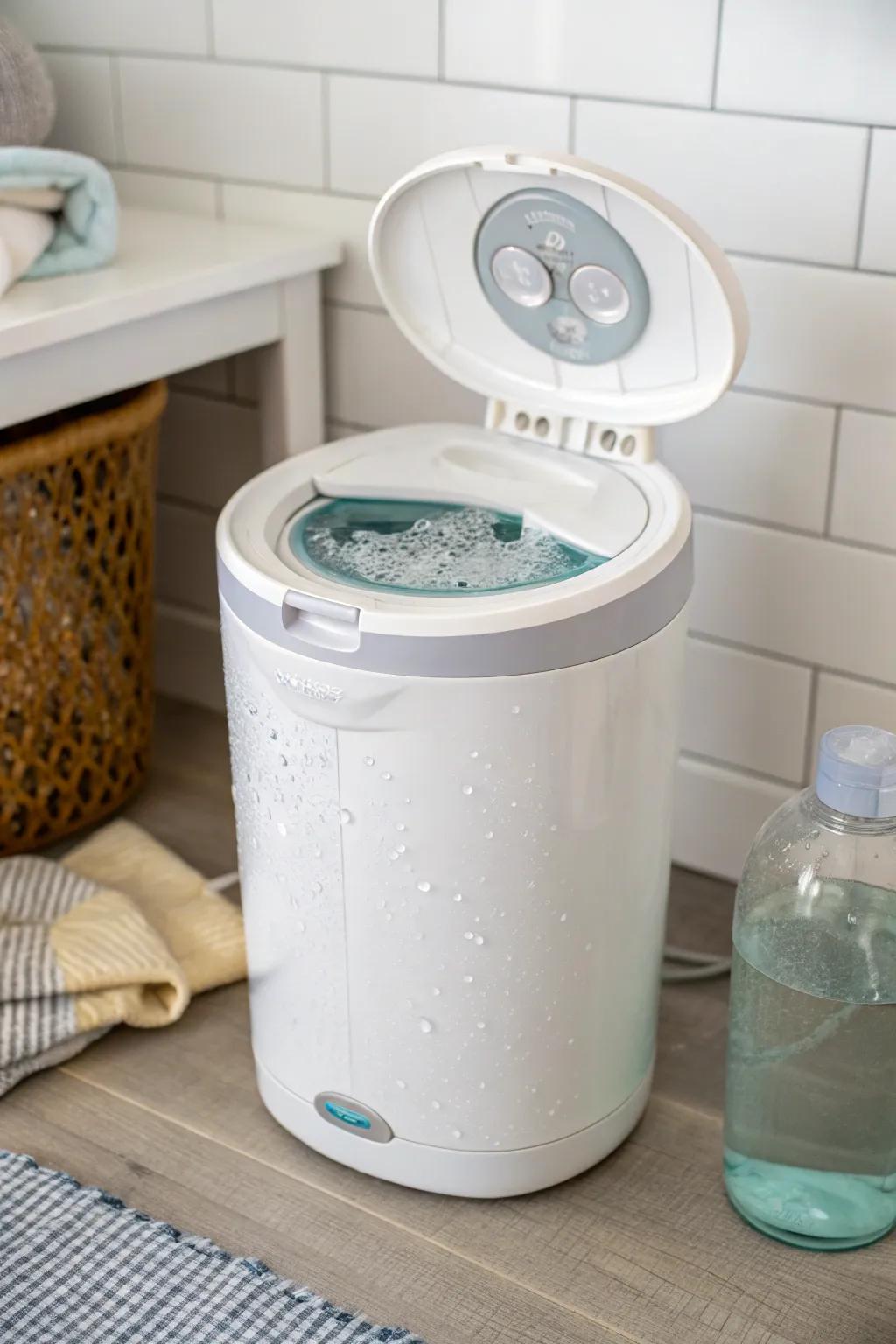 A sealed wet diaper pail, ideal for stain removal with added essential oils for freshness.