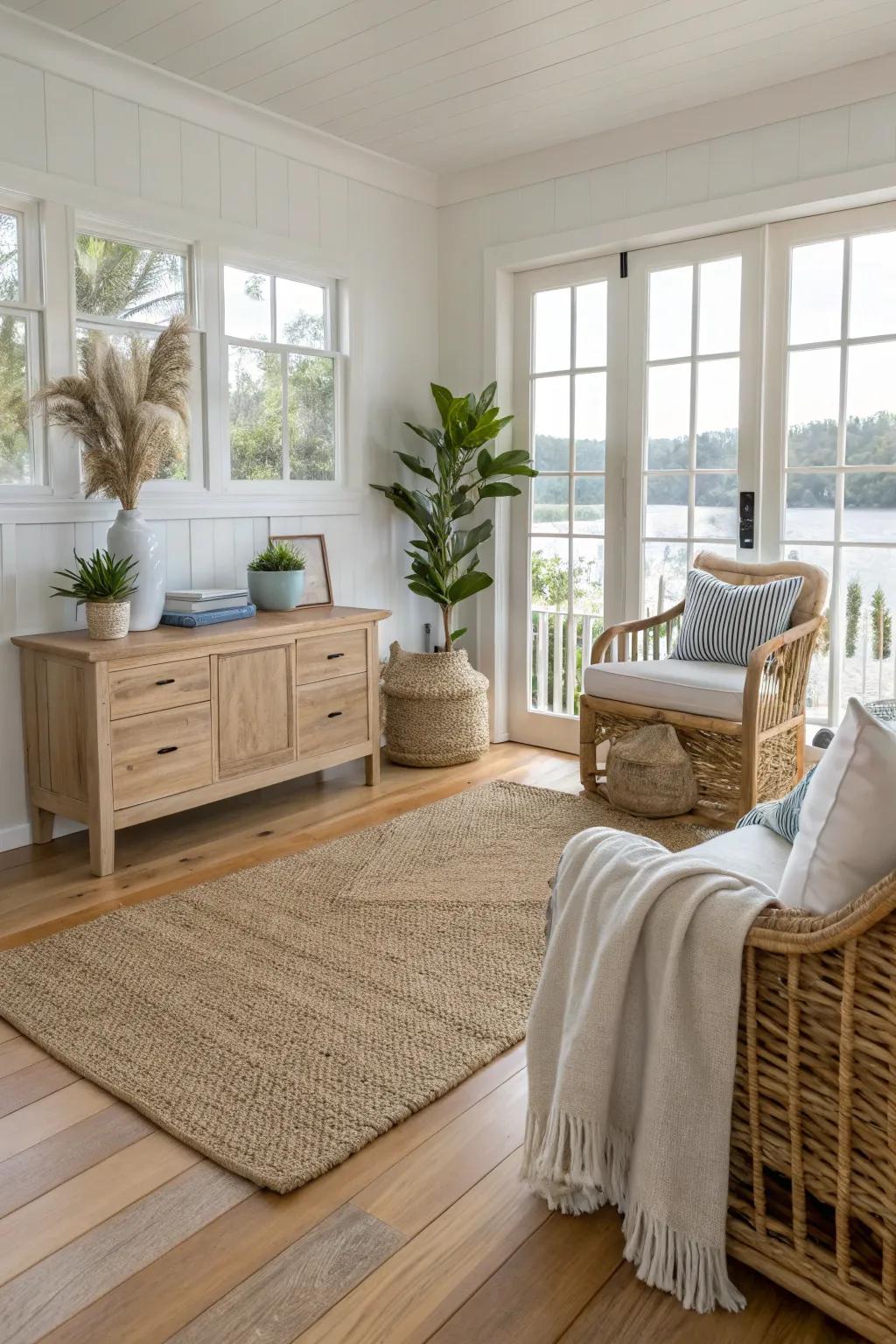 Textured floor coverings provide an earthy, coastal base.