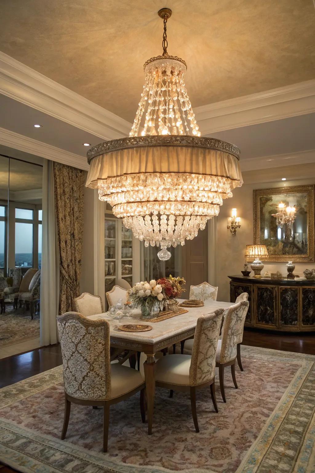 A statement chandelier with shells introduces a touch of coastal elegance.
