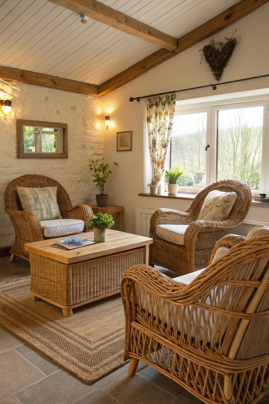Wicker and rattan create a laid-back coastal vibe.