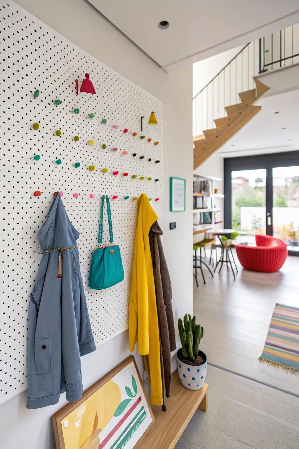 A geometric pegboard hanger proffering a customizable and contemporary resolution.