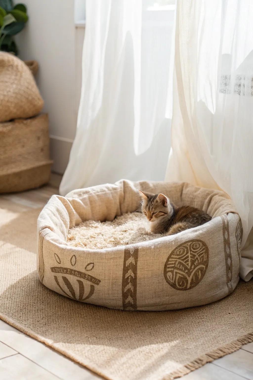 Transform a coffee sack into a cozy retreat for your furry friend with this simple DIY pet bed.