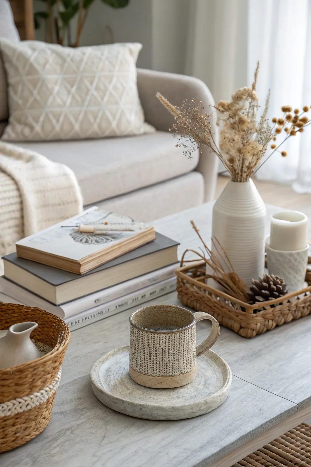 Soothing colors evoke a sense of calm and sophistication in your coffee table styling.