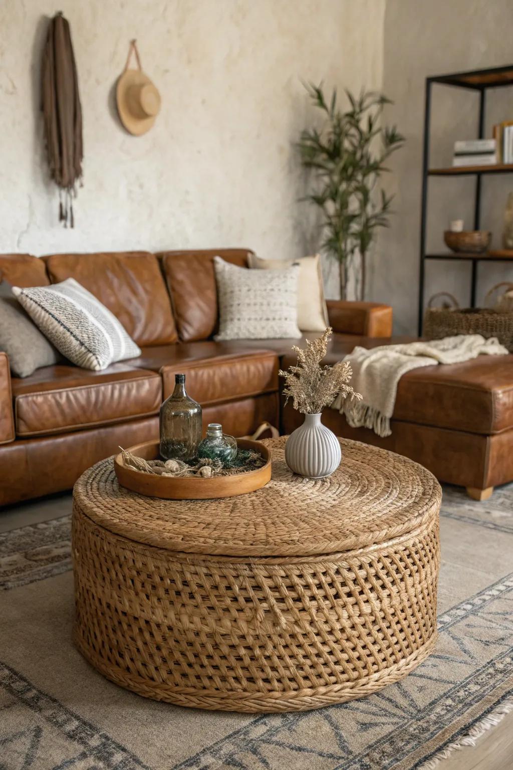 A braided coffee table enriches texture and warmth to a smooth leather sectional.