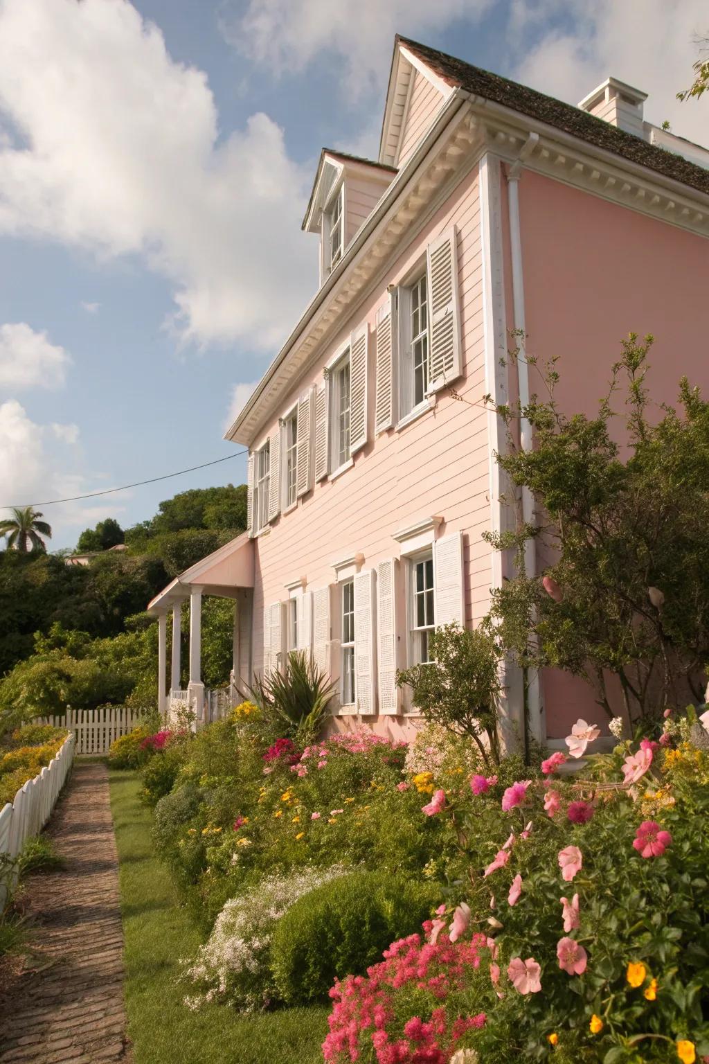 A charming colonial house with a soft, creamy pink frontage and flourishing garden.