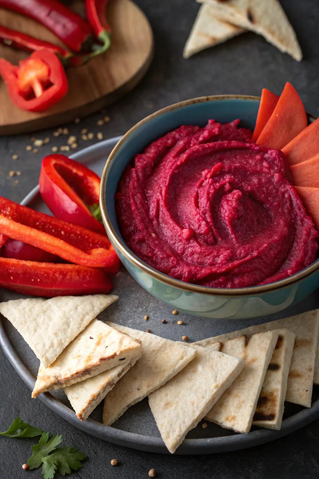 Vibrant deep red root dip served with red pepper strips.