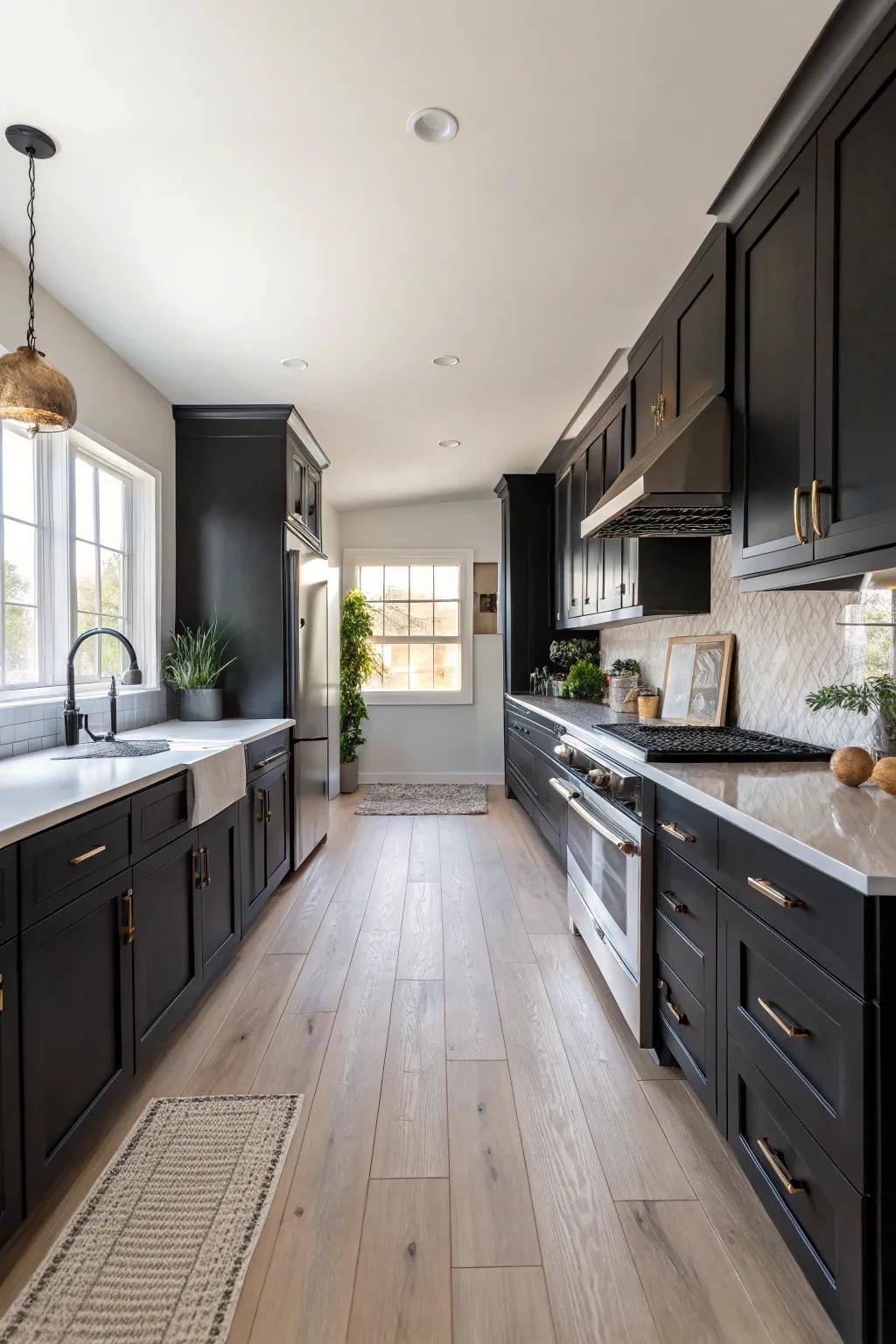 A kitchen with dark cabinets and light wood flooring for a bright and airy atmosphere.