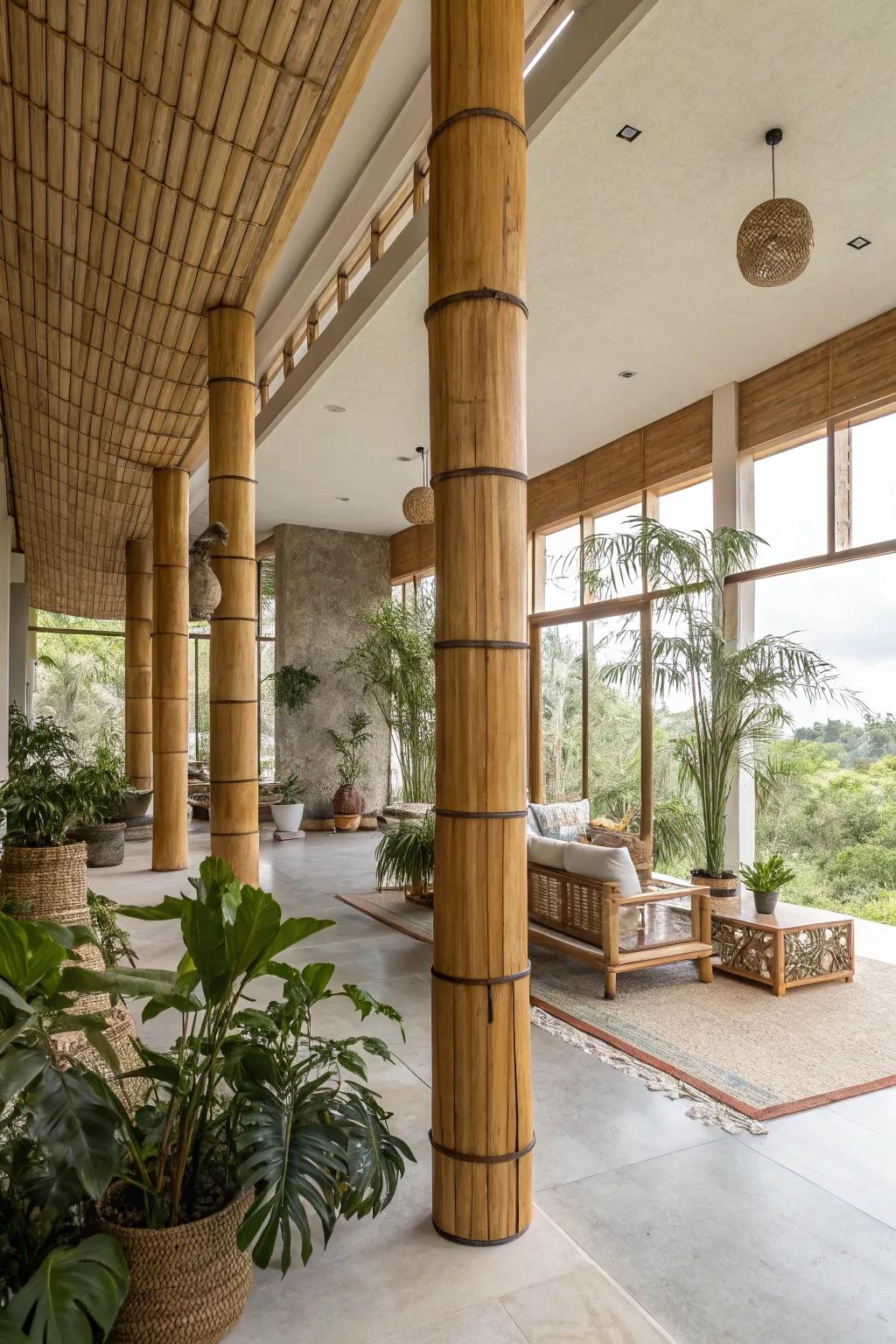 Cane columns adding an eco-friendly touch to a modern living area.