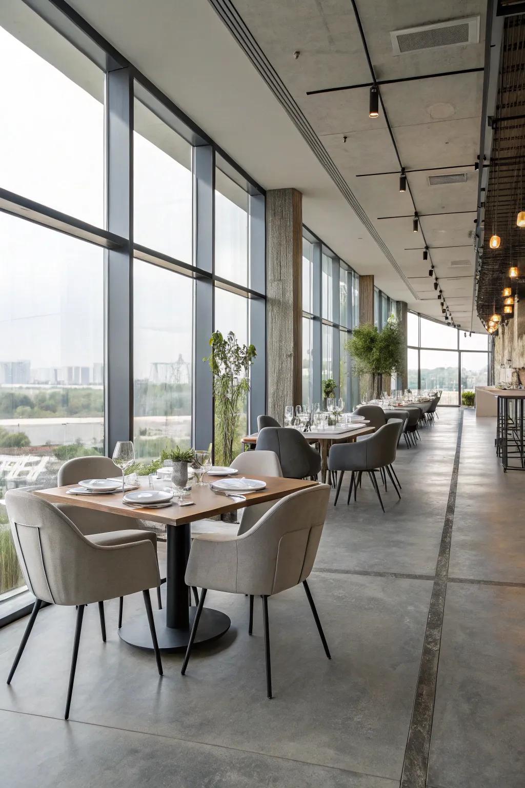 Concrete floors create a seamless flow in an open-plan dining area.