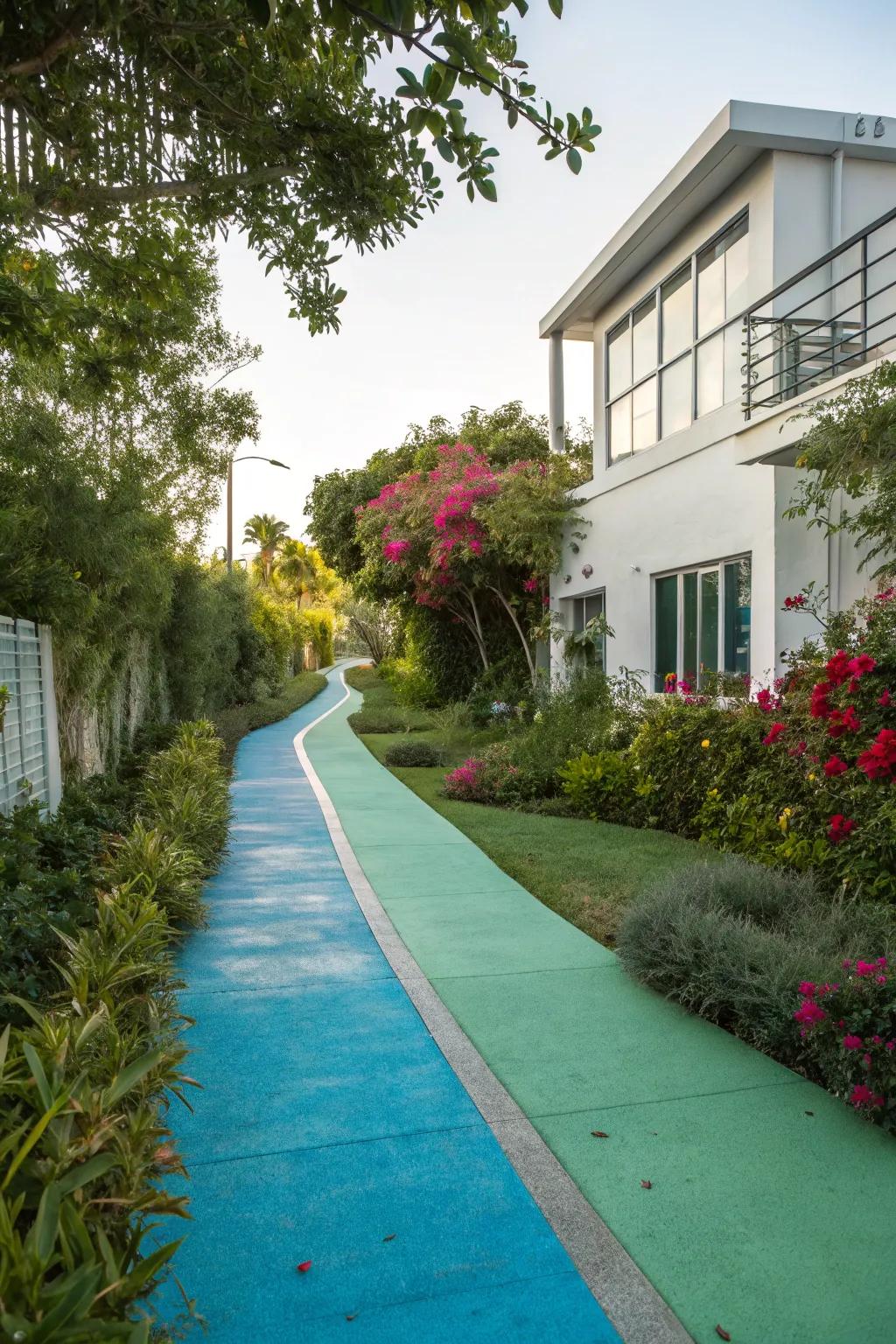 Colored concrete walkways introduce a burst of personality.