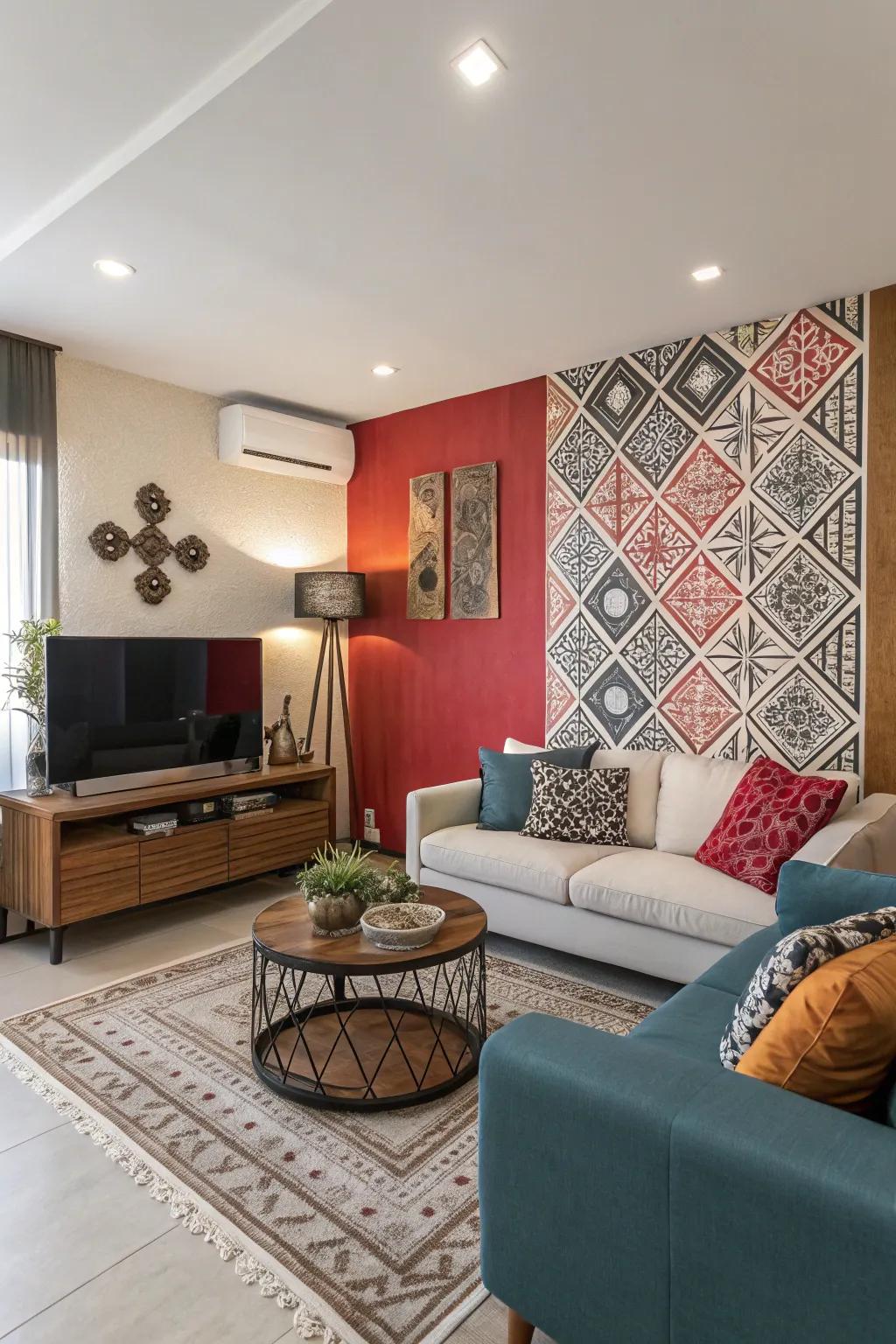 A special wall adds personality to a condo living room.