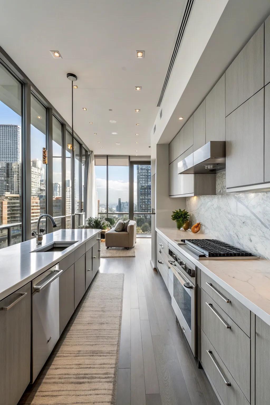 A modern condo cooking area featuring high-end finishes and an open-concept design.