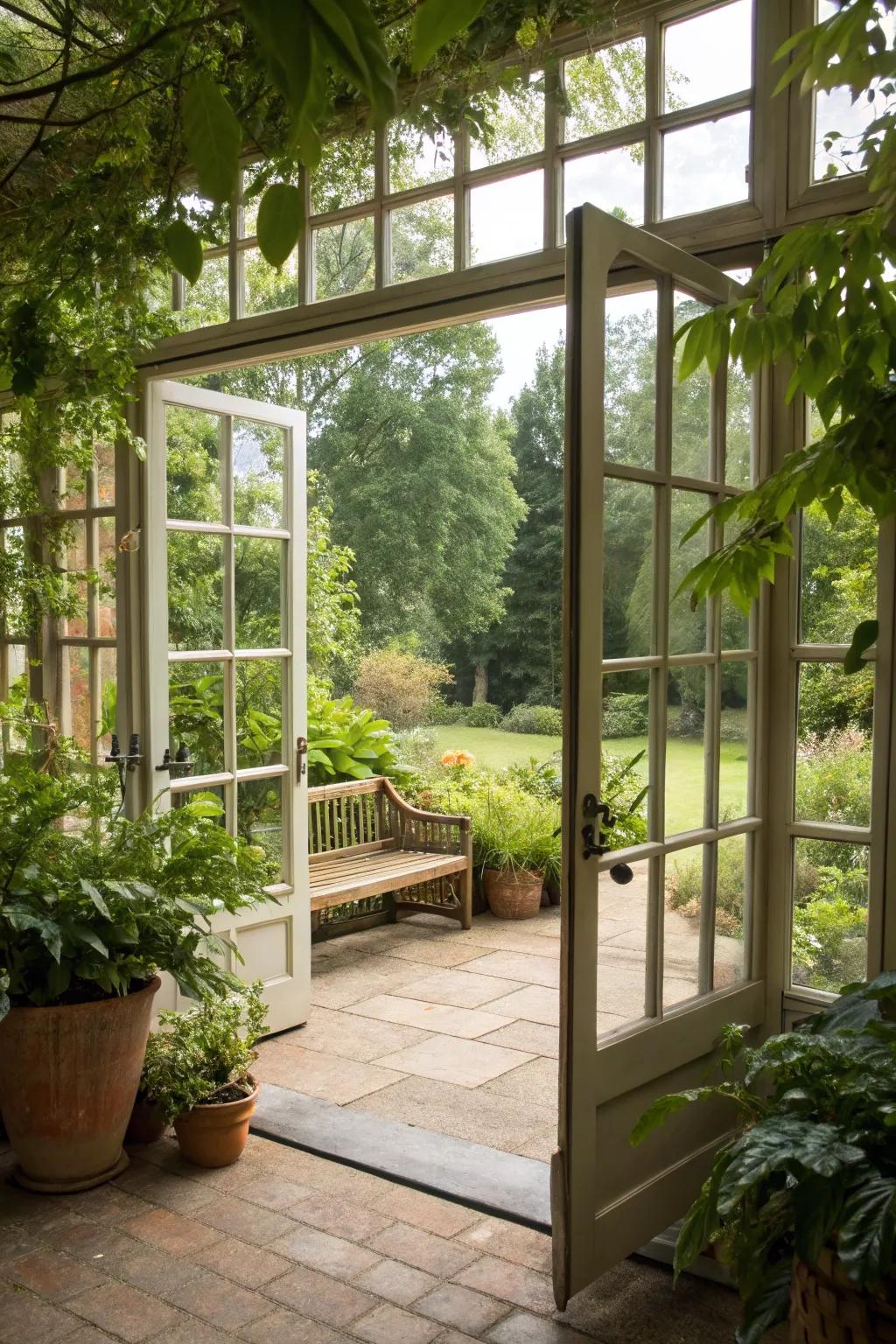 A conservatory featuring expansive glass doors that lead into a stunning garden.
