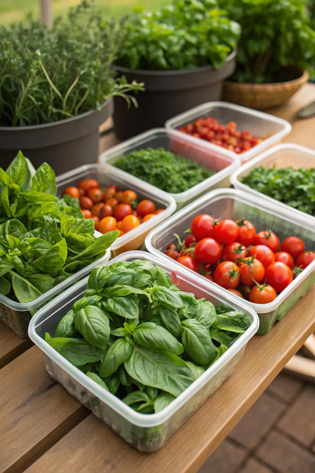 Edible garden featuring containers of herbs and veggies.