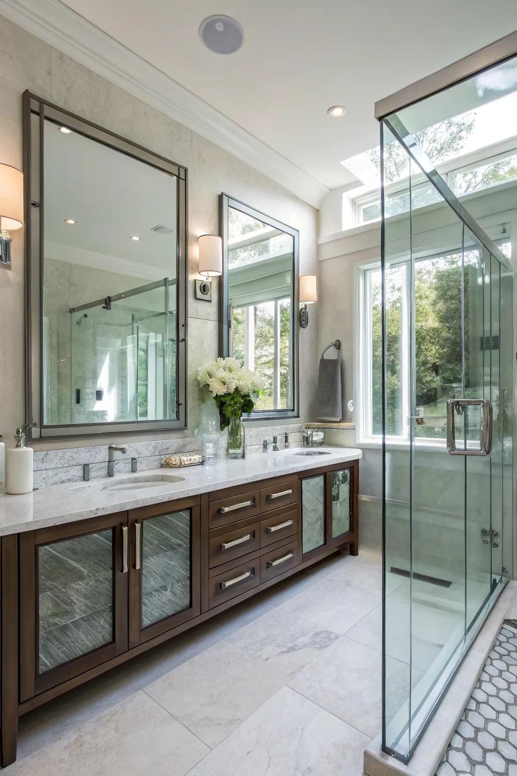 Expansive bathroom enhanced by mirrors and glasswork.