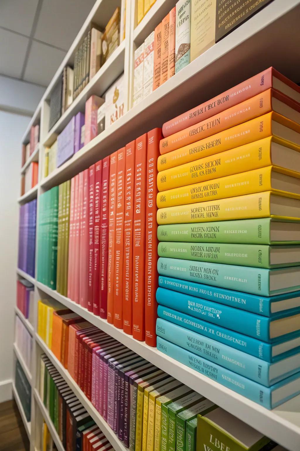 Color-coded books create a joyful and organized display.