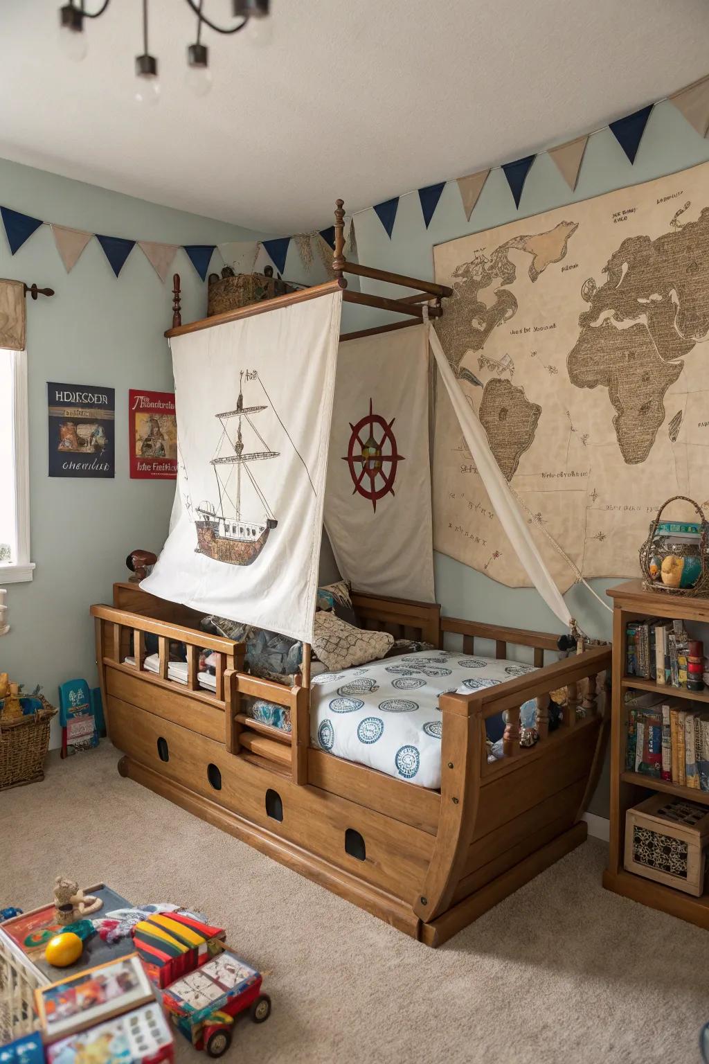 A pirate ship bed transforms sleep into an exciting adventure.