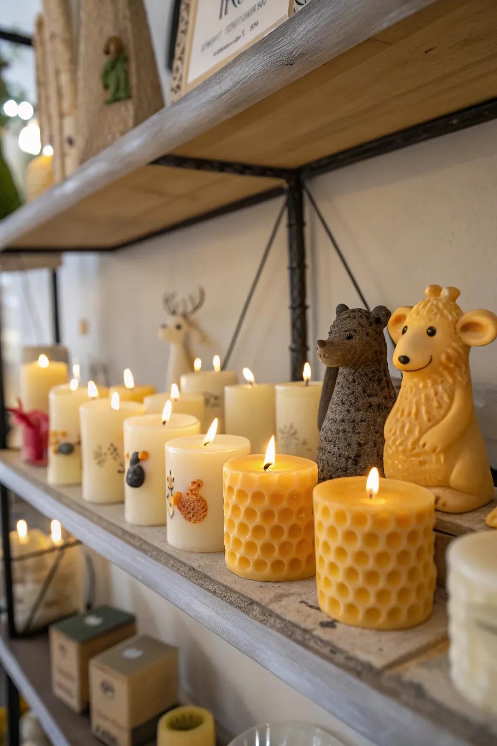 Candles with playful figures introduce a whimsical touch.
