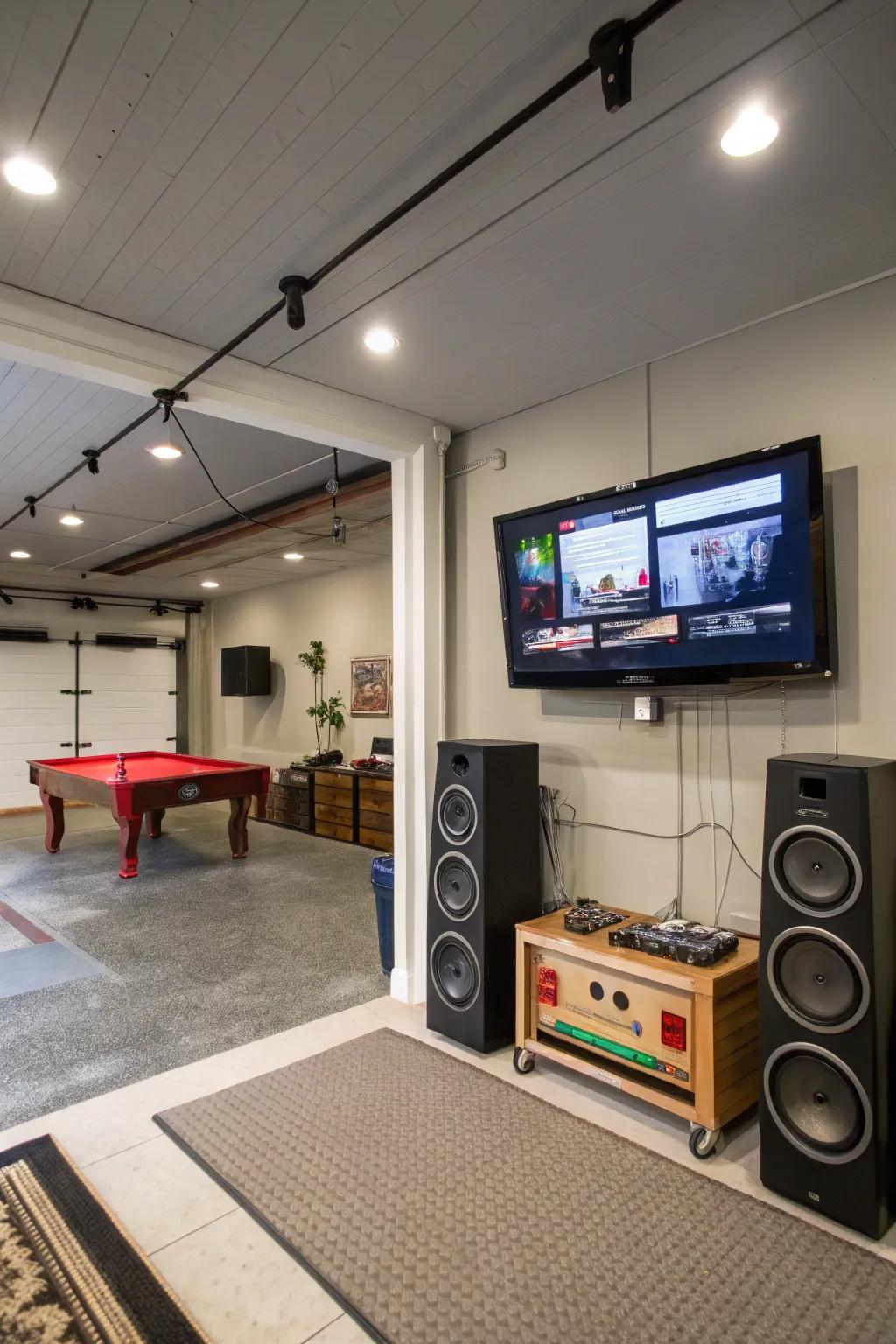 An entertainment zone adds fun and relaxation to your garage.