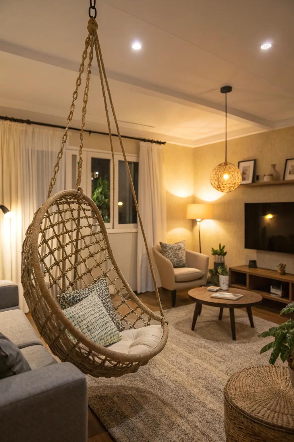 A suspended chair adds a fun touch to this stylish living space.