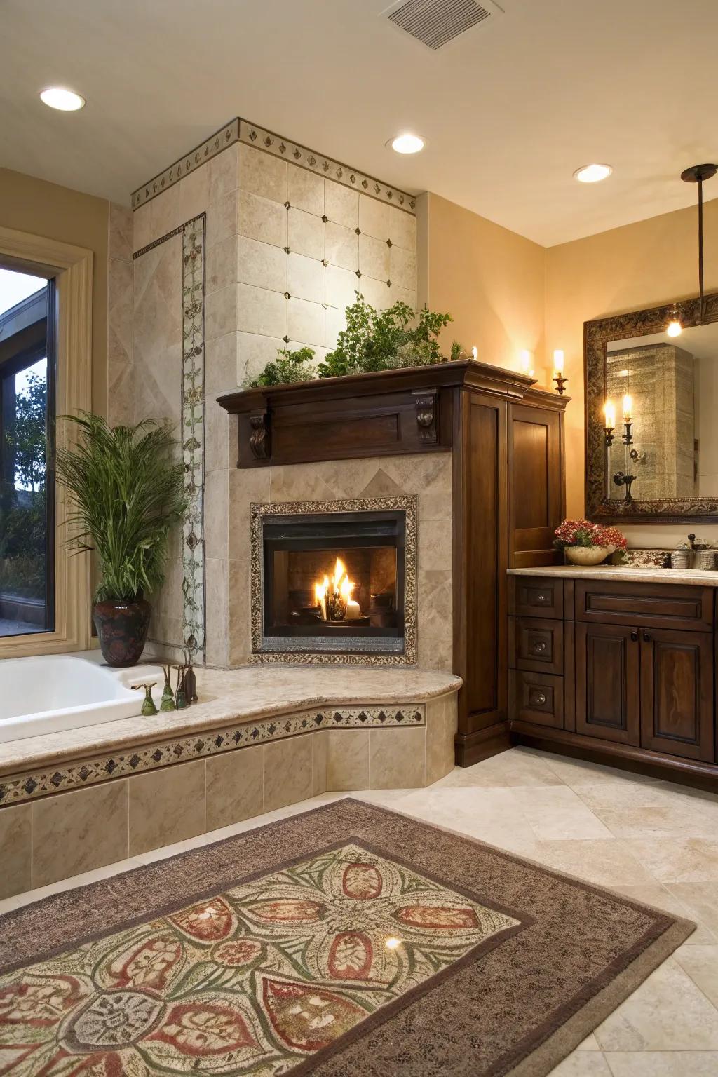 The bathroom is made warmer and more opulent by a corner fireplace.