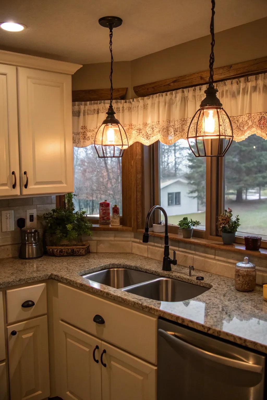 Hanging lights above a corner sink, improving both function and ambiance.