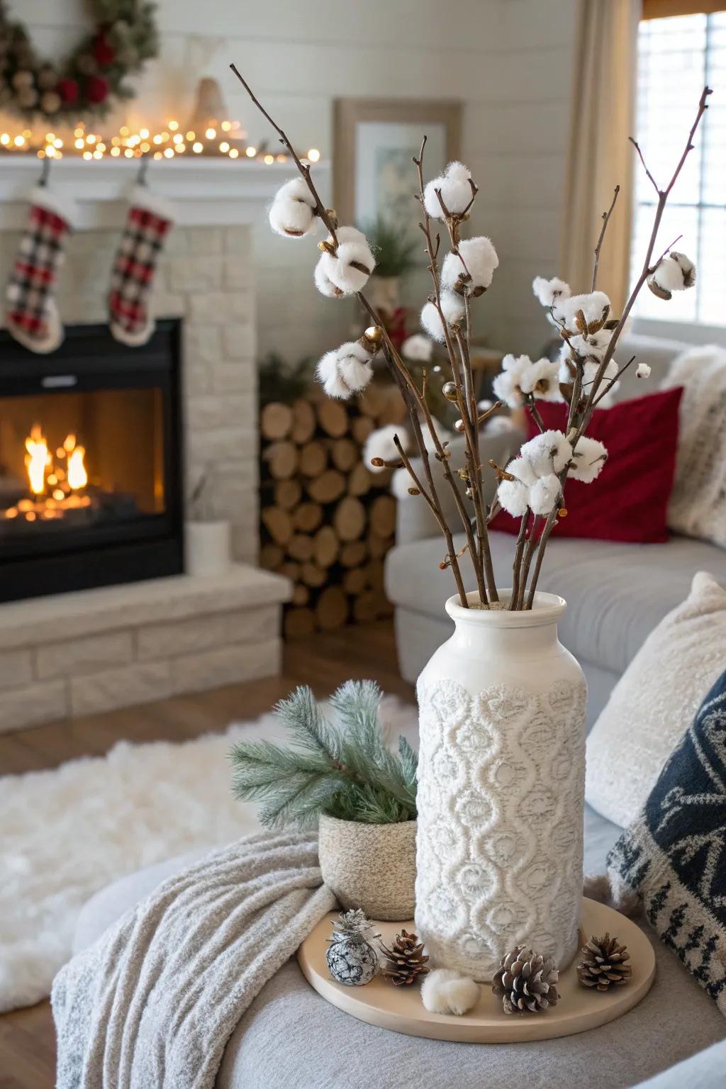 Winter wonderland featuring snowy cotton stems.