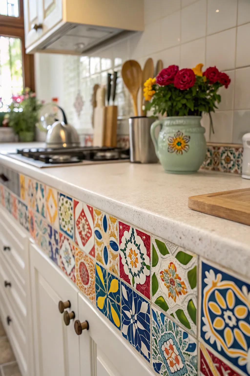 Artistic tile end caps infusing color and vitality into the kitchen.