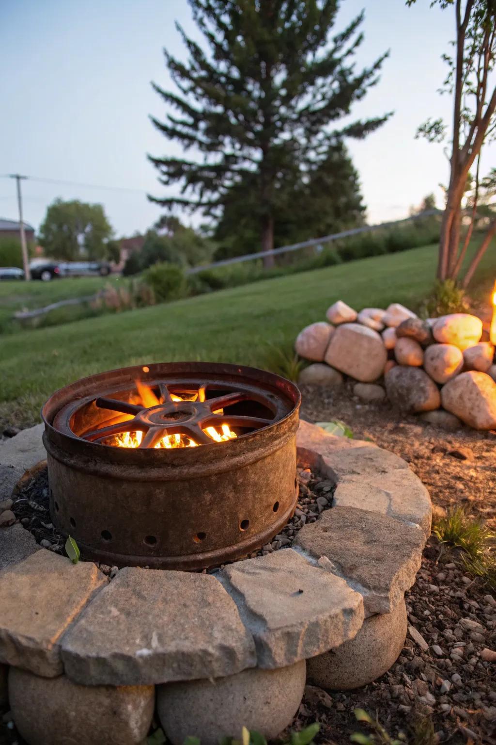 A vehicle rim fire pit is a distinctive and sustainable yard addition.
