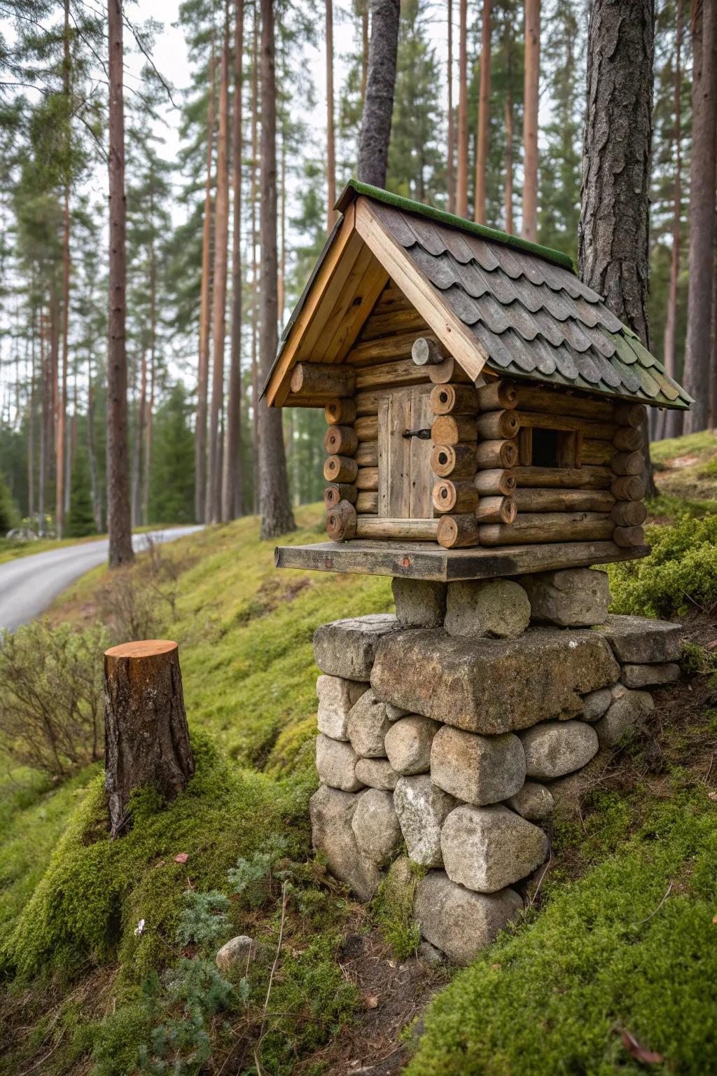 A log home mailbox reflects rustic simplicity and warmth.