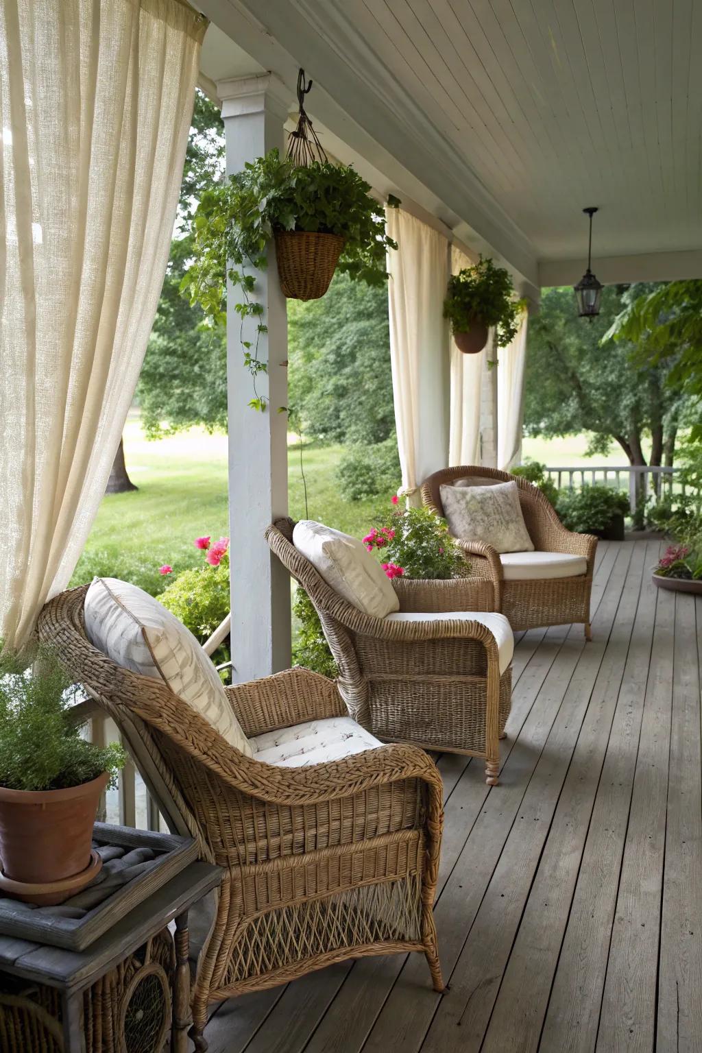 Wicker furniture adds a traditional touch to your country porch.