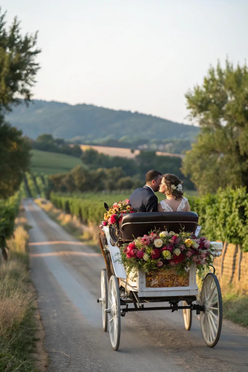 A romantic equine-pulled carriage for a country wedding.
