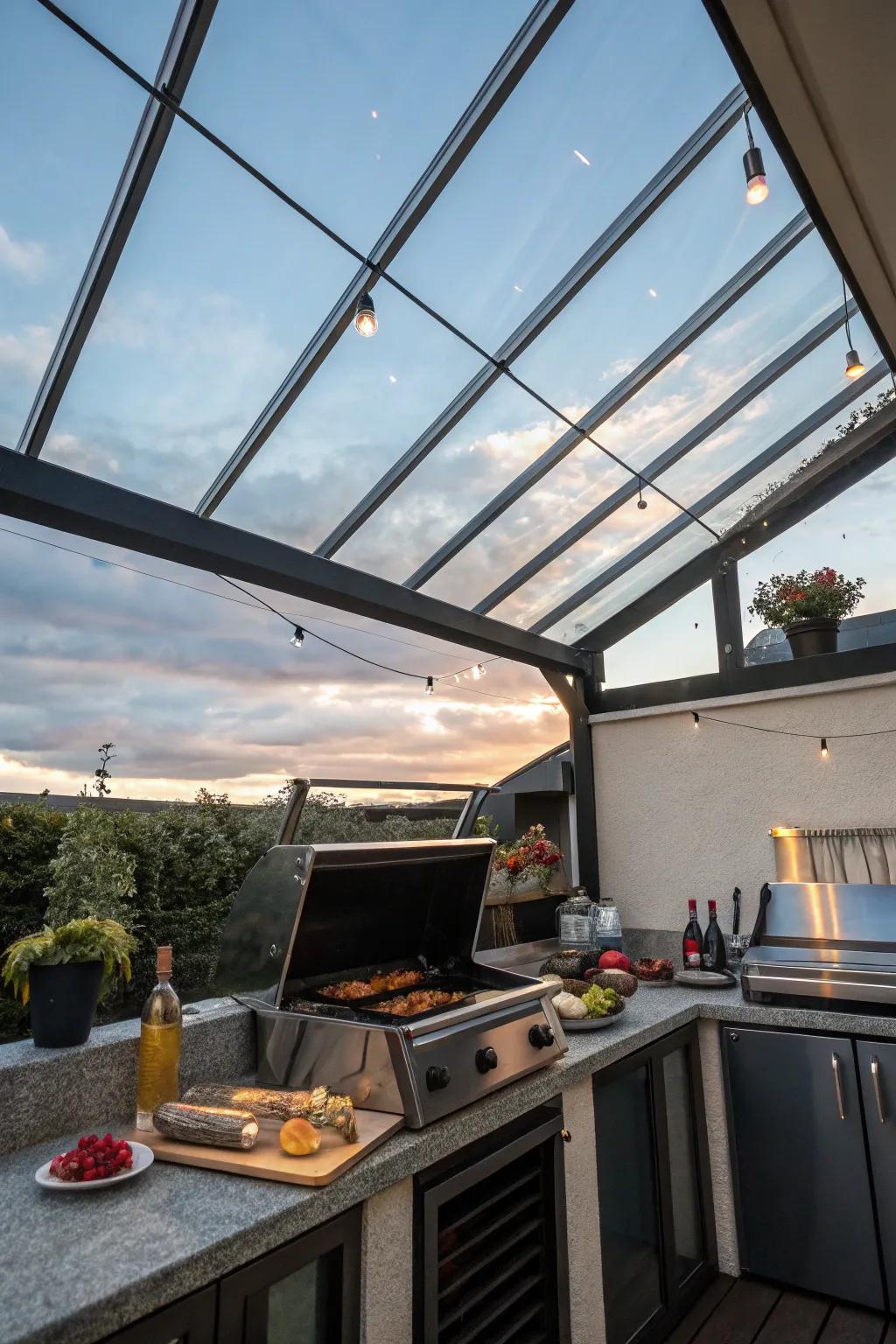 An elegant glass roof providing protection and a view in a grilling space.