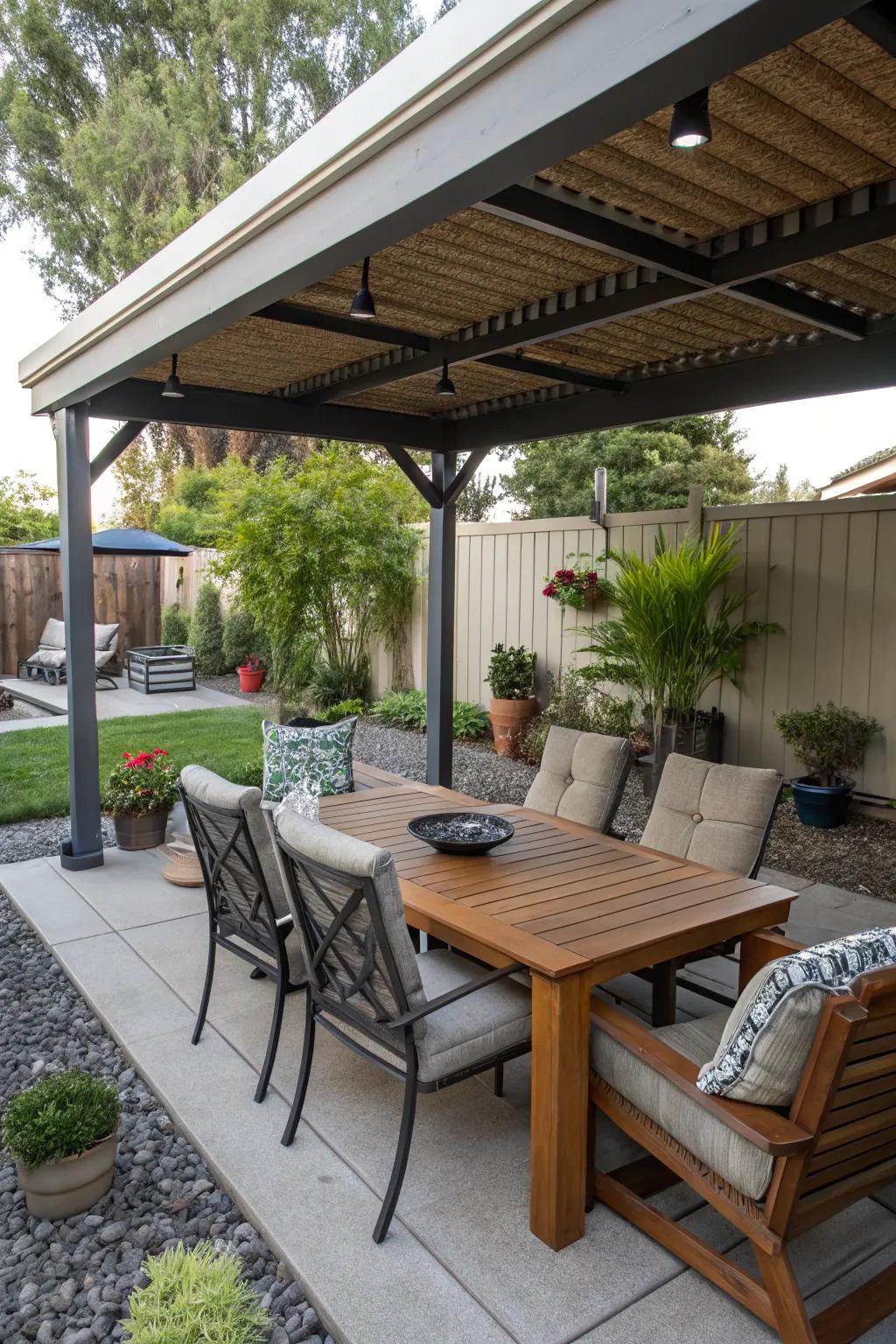 A versatile patio suitable for both eating and relaxing.